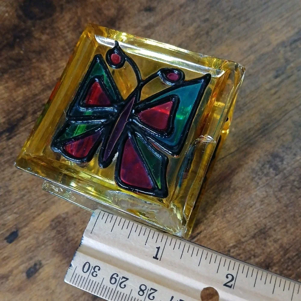 Vtg Stained Glass Handmade Studio Art Candle Holder Ladybug Butterfly 3